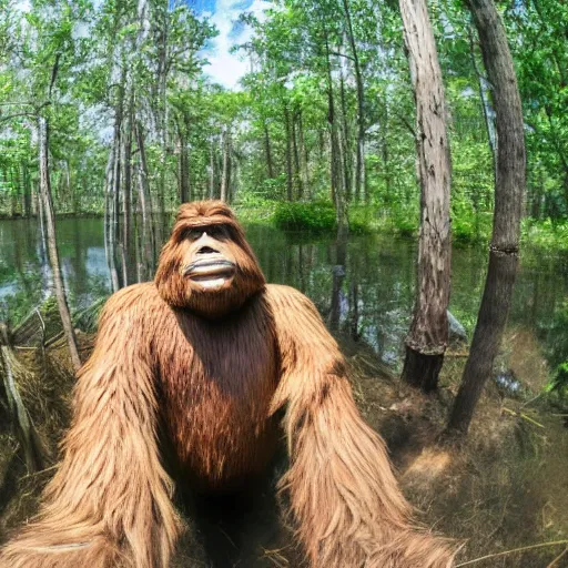 Prompt: bigfoot taking a selfie at the swamp