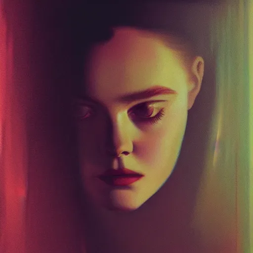 Prompt: silhouette of a Elle Fanning gazing in a mirror, pitch black room, extremely detailed realist masterpiece, oil on canvas, low-key neon lighting, artstation, Blade Runner 2049, Roger Deakin’s cinematography, by J. C. Leyendecker and Adam Miller,