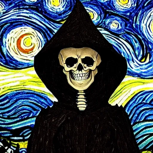 Prompt: a skeleton in black cloak in starry night style