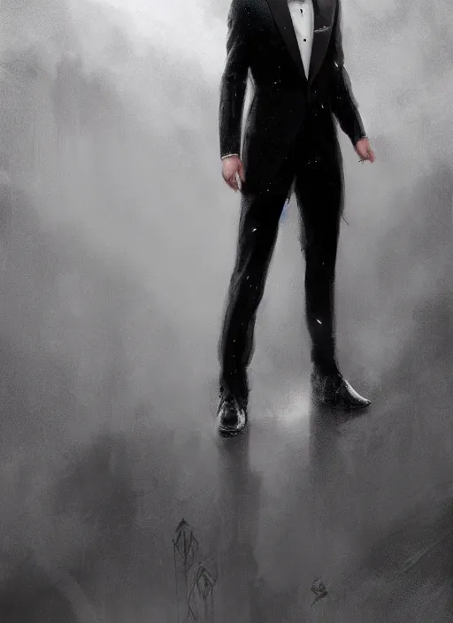 Prompt: strapping young man, wearing a tuxedo, fantasy, epic, atmospheric, dark, lightning, by artgerm, by greg rutkowski, by noah bradley, digital avedon