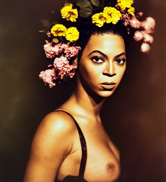 Prompt: Beyonce as a stunning young girl With flowers in her hair, fine art portrait photography by Sarah Moon