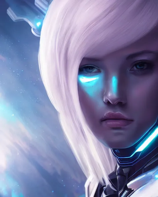 Image similar to perfect android girl on a mothership, warframe armor, beautiful face, scifi, futuristic, galaxy, nebula, raytracing, dreamy, long white hair, blue cyborg eyes, sharp focus, cinematic lighting, highly detailed, artstation, divine, by gauthier leblanc, kazuya takahashi, huifeng huang