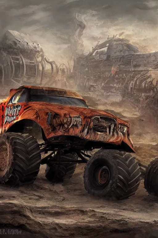 Prompt: epic monster truck from hell, concept art matte painting,