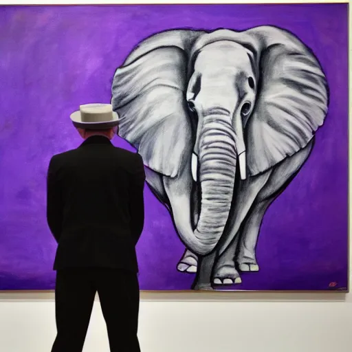 Image similar to in an art gallery, there is a huge painting of an elephant by marlene dumas. a man in a top hat and a suit is looking up at the painting. cgsociety, surrealism, surrealist, dystopian art, purple color scheme