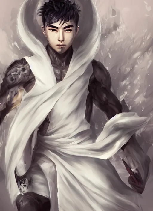 Prompt: a highly detailed illustration of fierce short white haired parted through the middle young attractive asian man, wearing hakama, with black sclera eyes, heroically posing, muscular, intricate, elegant, highly detailed, centered, digital painting, artstation, concept art, smooth, sharp focus, league of legends concept art, WLOP