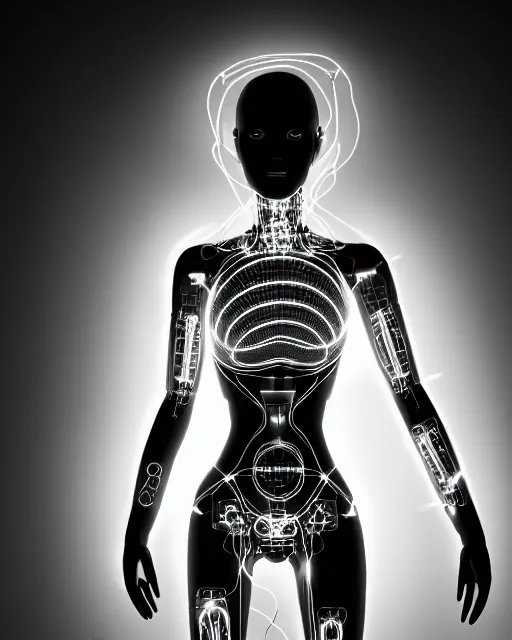 Image similar to black and white artistic photo, full figure, young female cyborg - vegetal, microchip, artificial intelligence, bio - mechanical bio - luminescence, black wired cables, cinematic, rim light, photo - realistic, 8 k