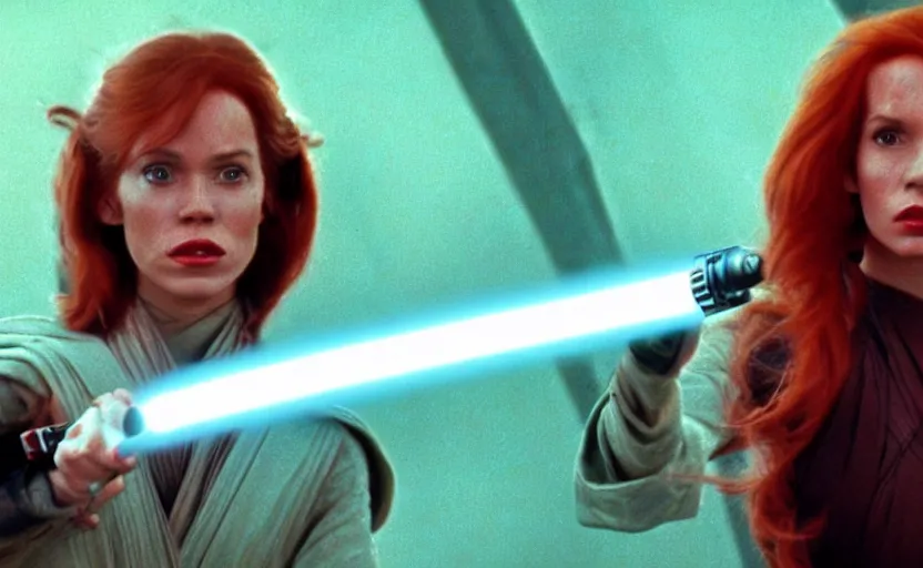 Image similar to screenshot of Julian Moore as Mara Jade, the female jedi in 1980s star wars film, with lightsaber from the film 2001 Space Oddyssey (1968) directed by Stanley Kubrick, 4k still frame, windy hair, cinematic lighting, stunning cinematography, hyper detailed scene, anamorphic lenses, kodak color film stock