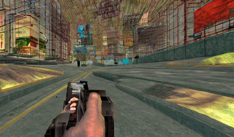 Image similar to A first-person shooter, PS2 game, 3DCG, designed by Tadanori Yokoo!!!!!