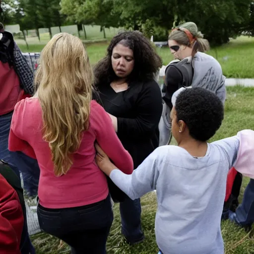 Prompt: a mom accused of bullying at aa farm in suburban chicago, illinois, tuesday, septembera & m holds hands on prompt hearing by hundreds of migrants and their communities at large in wisconsin and illinois. style of stormy beings