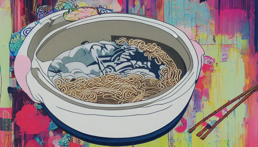 Prompt: looking down into a giant traditional ramen bowl filled with Japan nature, crafts, travel and adventure, isolated on a minimalist white acrylic base coat, acrylic airbrush collage-painting by Jules Julien, Leslie David and Lisa Frank, muted colors with predominant white background minimalism, neon color mixed media painterly details, neo-classical composition, rule of thirds, design tension, impactful graphic design