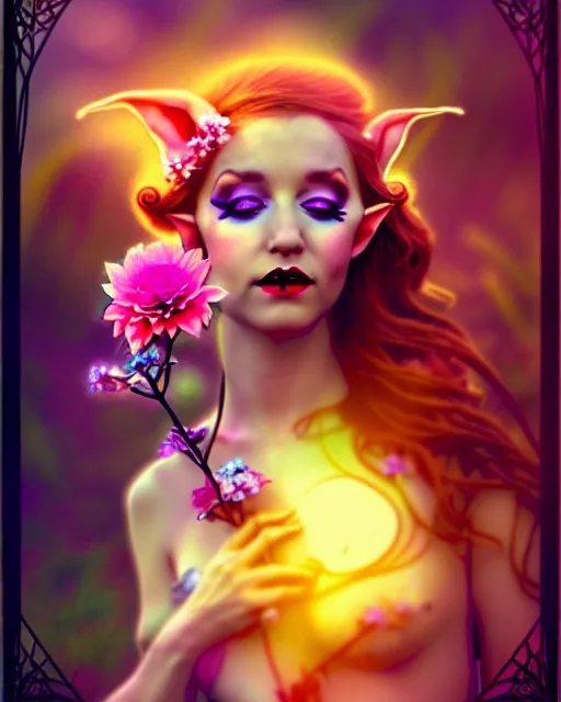 Image similar to photot of burlesque elf, flowers in hair, fantasy character portrait, soft clouds, floral sunset, ultra realistic, concept art, intricate details, art nouveau, cinematic, highly detailed