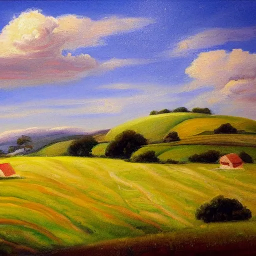 Image similar to !dream A painting of a landscape, with rolling hills, green fields, and a blue sky, in a pastoral style.