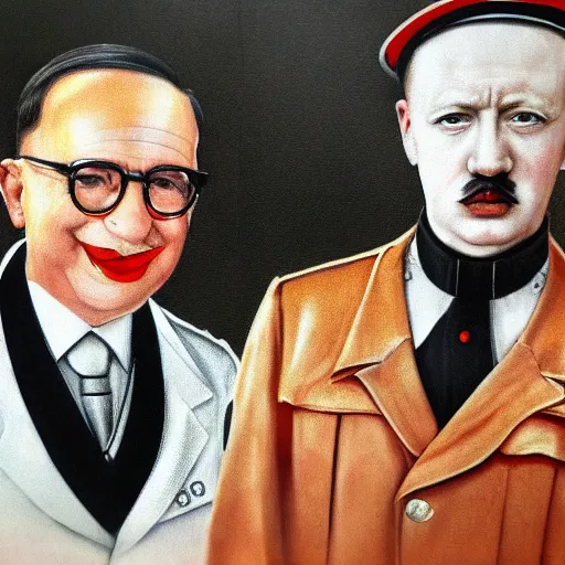 Prompt: UHD photorealistic detailed image of young Klaus Schwab and Hitler, both wearing extremely intricate clown makeup by Ayami Kojima, Amano, Karol Bak, tonalism