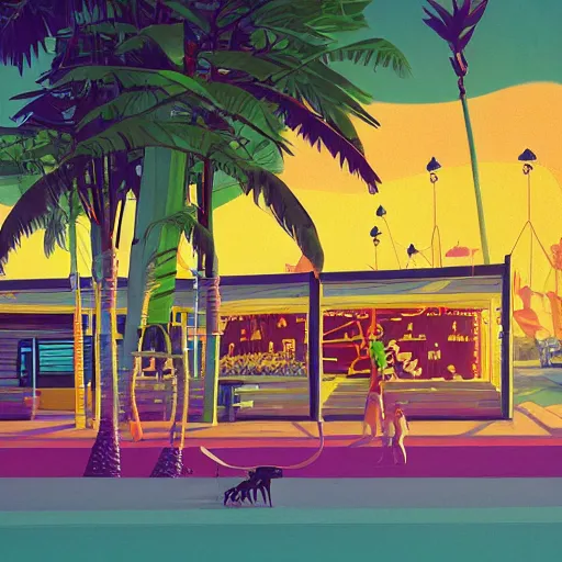 Image similar to inside psychedelic beachfront fast food restaurant with palm trees by simon stalenhag