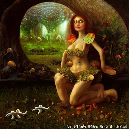 Image similar to woman commands little mushroom soldiers, by howard david johnson