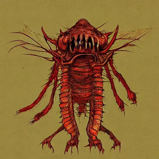 Image similar to horrifying concept art of a scary monster built out of cicadas, blood and wood pulp,