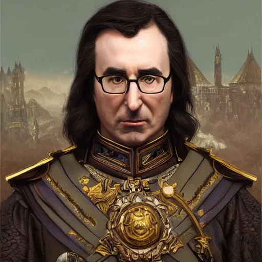 Image similar to portrait of stoic looking john oliver as the vigo carpathian painting, military uniform, fantasy, intricate, elegant, highly detailed, centered, dark, smokey, digital painting, artstation, concept art, smooth, sharp focus, illustration, art by artgerm and greg rutkowski and alphonse mucha