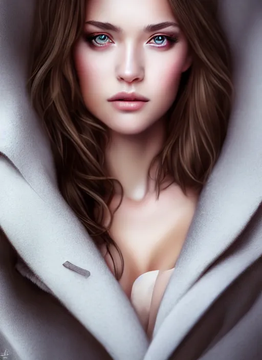 Image similar to a gorgeous female photo, professionally retouched, soft lighting, torso, legs, feet, long coat, realistic, smooth face, perfect eyes, wide angle, sharp focus on eyes, 8 k high definition, insanely detailed, intricate, elegant, art by artgerm, snowy winter