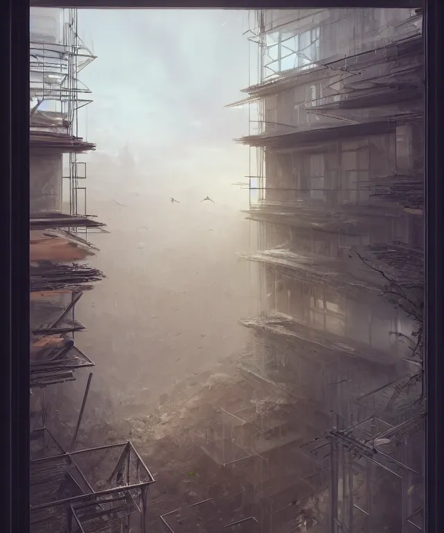 Prompt: view from a window of a construction site by charlie bowater and anna dittmann and artgerm and clemens ascher, intricate, elegant, beige mist, highly detailed, dramatic lighting, sharp focus, octane render, trending on artstation, artstationhd, artstationhq, unreal engine, 4 k, 8 k