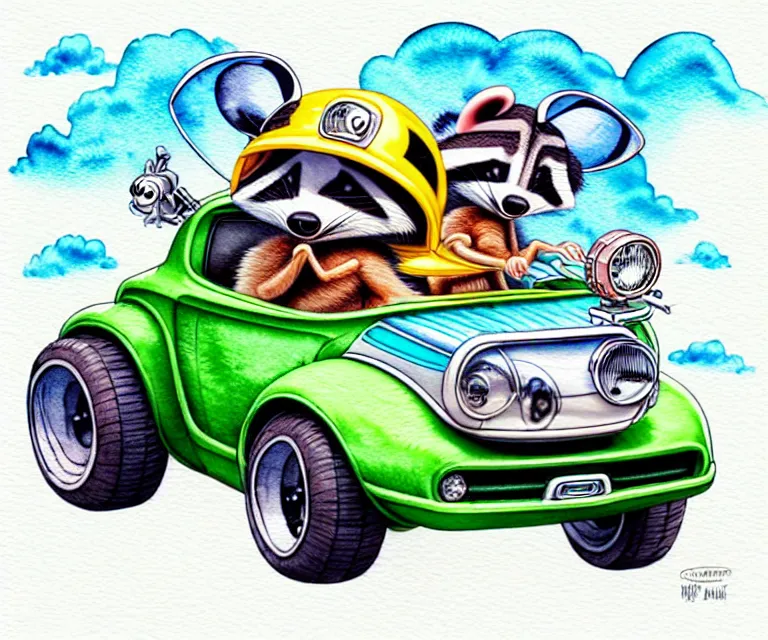 Image similar to cute and funny, baby racoon wearing a helmet riding in a tiny hot rod with oversized engine, ratfink style by ed roth, centered award winning watercolor pen illustration, isometric illustration by chihiro iwasaki, edited by range murata, tiny details by artgerm and watercolor girl, symmetrically isometrically centered