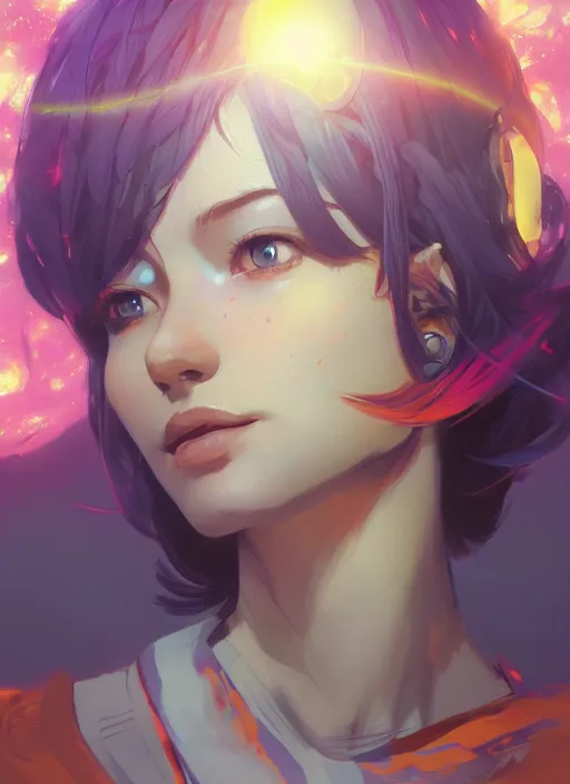 Image similar to a beautiful pensive woman, halo of planets, bright colors, highly detailed, concept art, matte, trending on artstation, anime, art by wlop and artgerm and greg rutkowski, ilya kuvshinov, strong strokes,