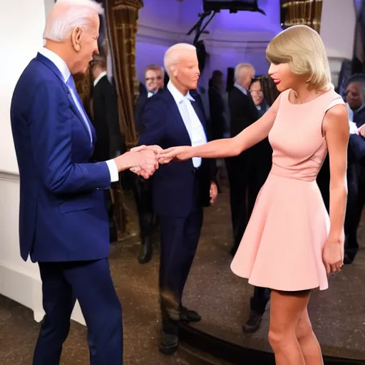 Prompt: taylor swift shaking hands with joe biden, 8 k uhd, perfect faces