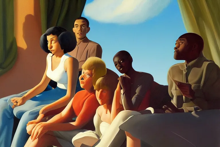 Image similar to beautiful painting of friends, beautiful faces, sitting on the edge, cute, soft light, digital painting by ralph mcquarrie and diane arbus and ernie barnes