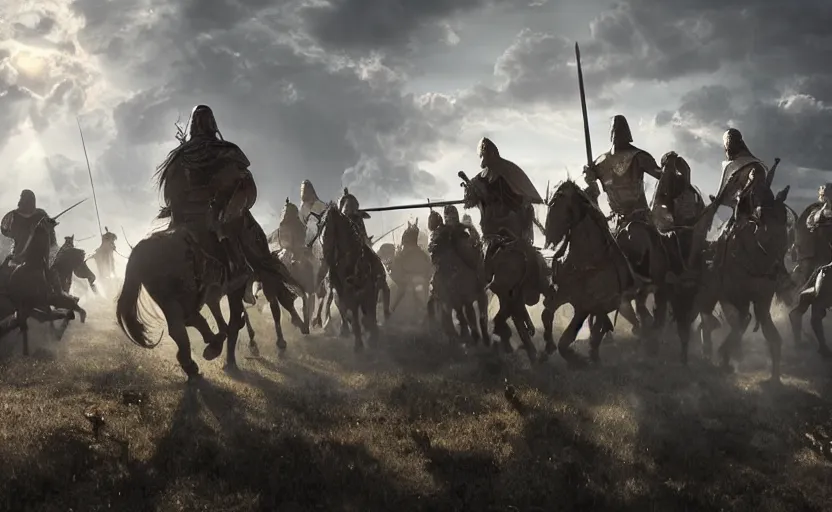 Prompt: dramatic cinematic artwork of a medieval commander leading a cavalry charge with his sword raised by greg rutowski, sun rays