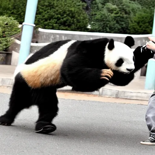 Image similar to Attractive French man getting drop kicked in the face by a cute panda