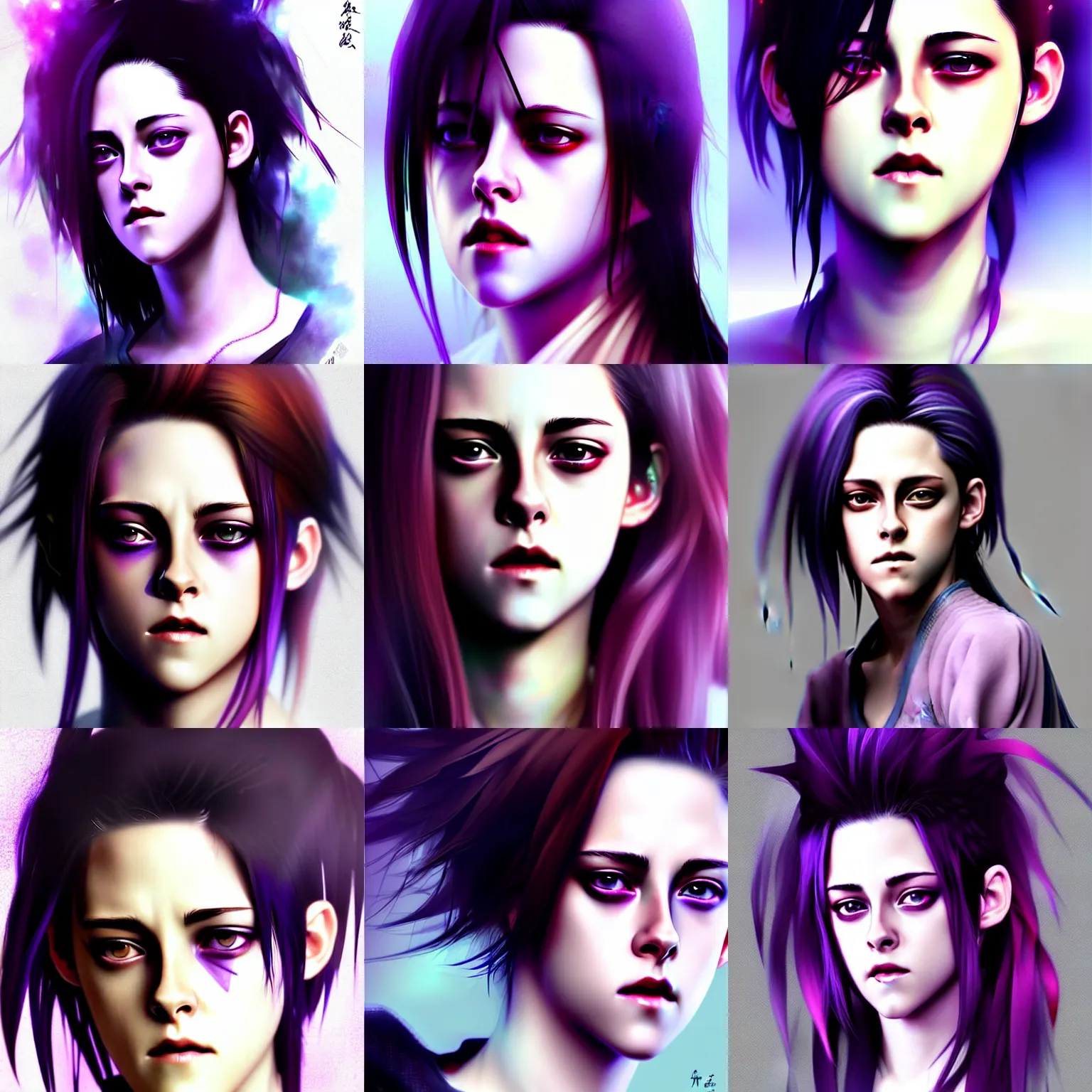 Prompt: Anime portrait of Kristen Stewart with deep-purple-skin, detailed, digital painting, style by Ruan Jia and Fenghua Zhong