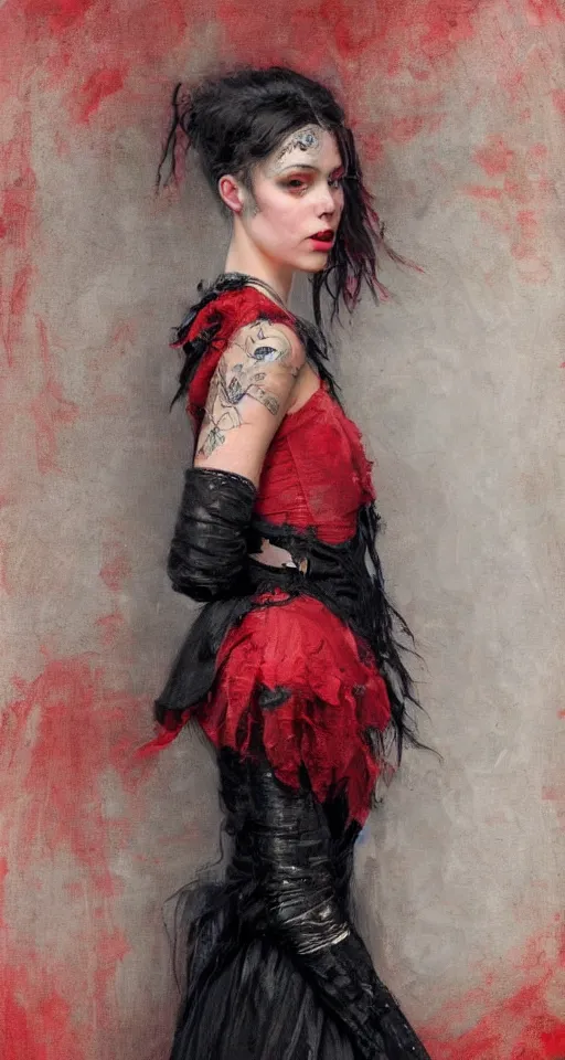 Prompt: one person only. One head only. Long flowing dress. Solomon Joseph Solomon and Richard Schmid and Jeremy Lipking victorian genre painting portrait painting of a young beautiful woman punk rock goth with punk rock haircut in fantasy costume, red background