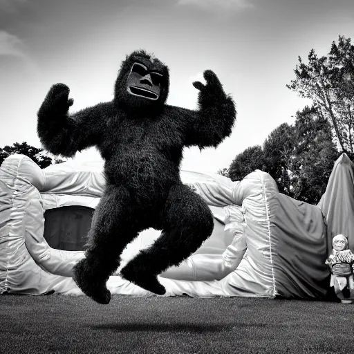 Image similar to cinematic photo of a 1 2 foot high big foot on a jumping castle with scared children, overcast, dark shadows