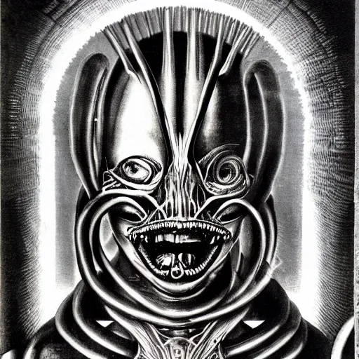 Prompt: post - punk new age pop album cover, asymmetrical design, alien, magic, apocalypse, psychedelic, highly detailed, black white pink, magic, giger h. r., giuseppe arcimboldo