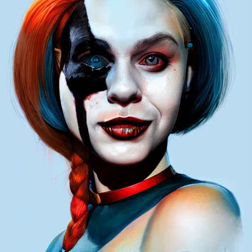 Prompt: Portrait of Harley Quinn but she's a beautiful ape-girl with long pony tails on either side of her head, illustration, by James Jean, artgerm, octane render, by John Coltrane and Marc Simonetti, Manic, inspired by Greg rutkowski, black background, kinemacolor, colorful, high detail of the face, full body