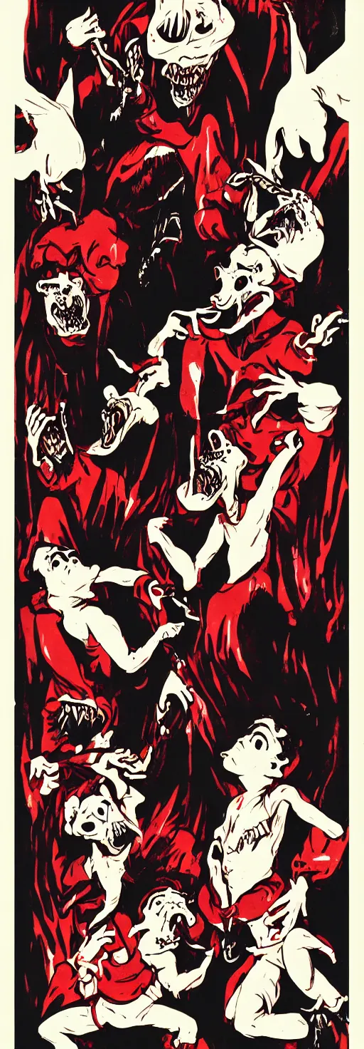 Prompt: horrorcore cel animation poster depicting gory murderous vampires eating white bunnies, 1 9 5 0 s movie poster, post - processing, vector art