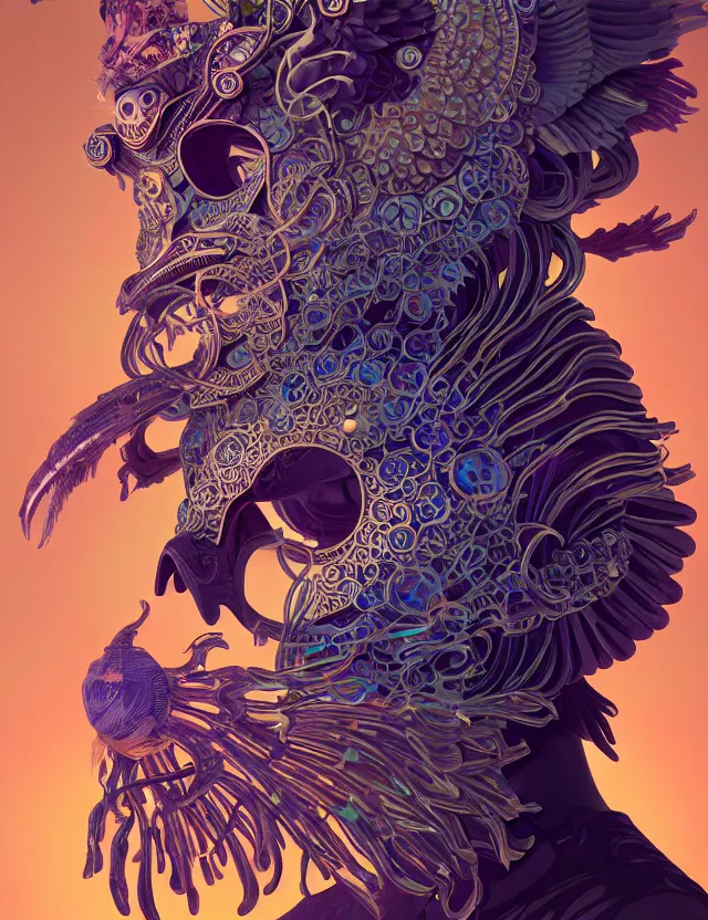 Image similar to 3 d goddess close - up profile solarpunk portrait ram skull. beautiful intricately detailed japanese crow kitsune mask and clasical japanese kimono. betta fish, jellyfish phoenix, bio luminescent, plasma, ice, water, wind, creature, artwork by tooth wu and wlop and beeple and greg rutkowski