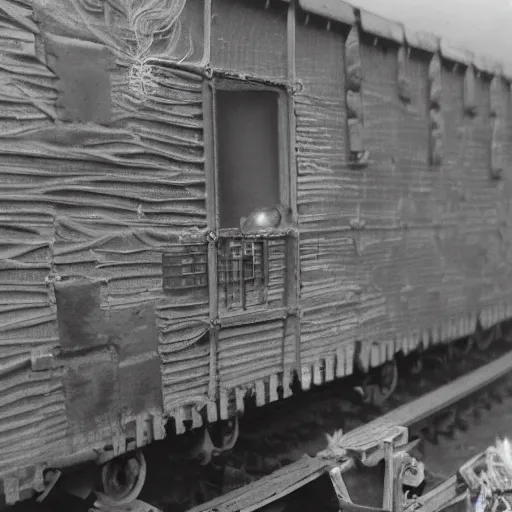 Prompt: a boxcar made of flesh and bone, War Photography, by H.R. Giger