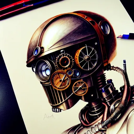Image similar to hyper realistic pencil drawing of a steampunk robot , water color, full portrait, detailed, rim light, diffused, intricate, cyberpunk by anna dittmann,