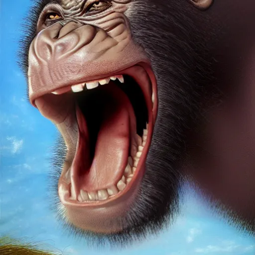 Image similar to Strong Angry Chimpanzee Screaming, Boris Vallejo, Epic, 8k resolution, ArtStation, Hyperrealistic