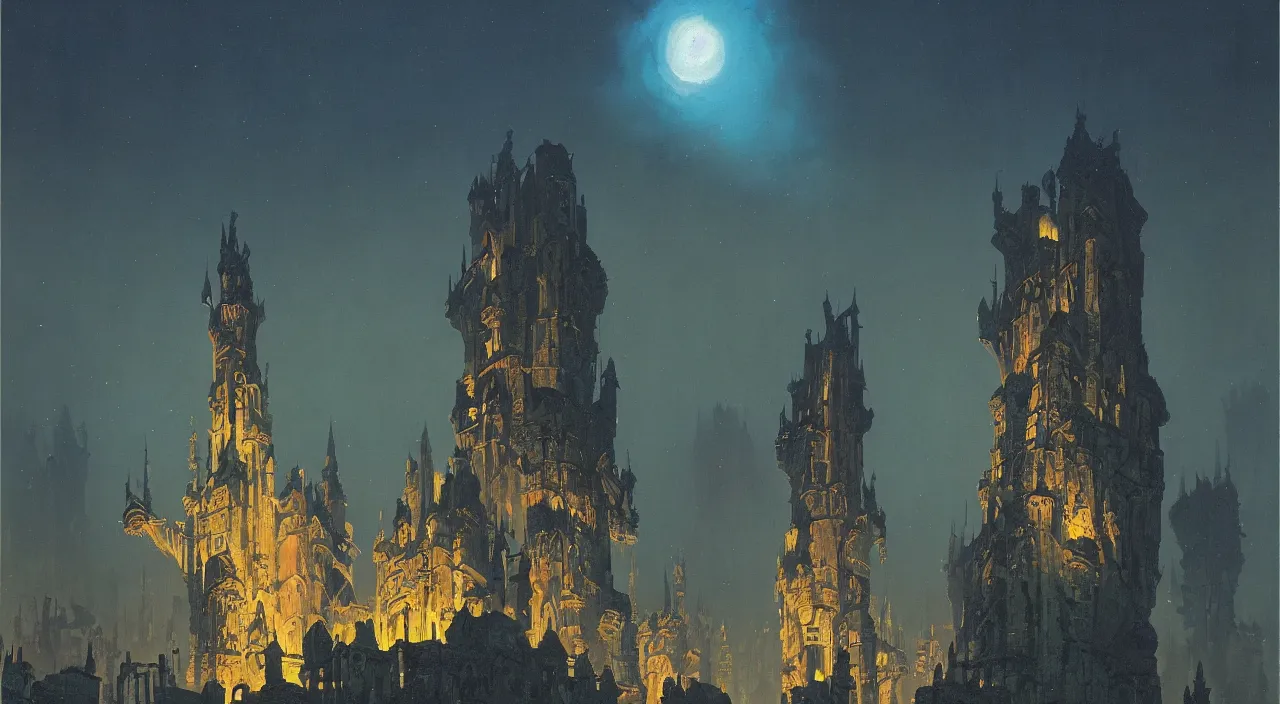 Prompt: a high contrast painting of a flooded ancient tower at night by bruce pennington simon stalenhag carl spitzweg rene magritte ralph mcquarrie roger dean chris foss, full-length view, highly detailed, vibrant colors, extremely high contrast!, symmetry, great composition, high detail, cinematic lighting, award winning masterpiece, trending on artstation