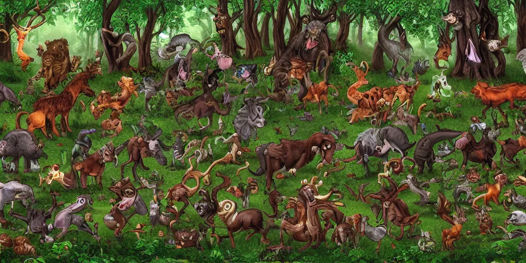 Image similar to panorama of animals in enchanted forest running away from necromancer's army