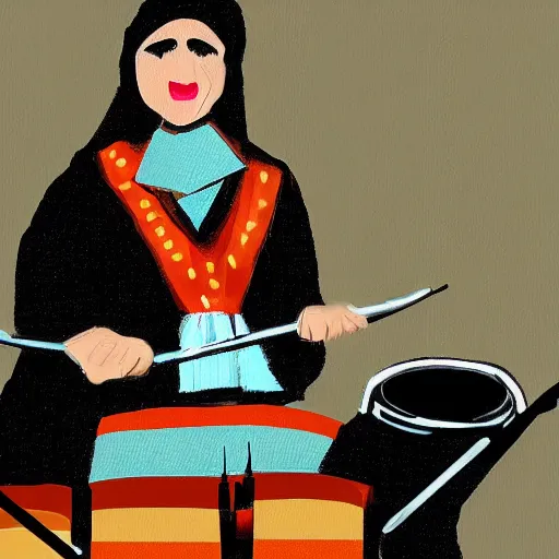 Prompt: a babushka playing drums in a nice suit, digital art