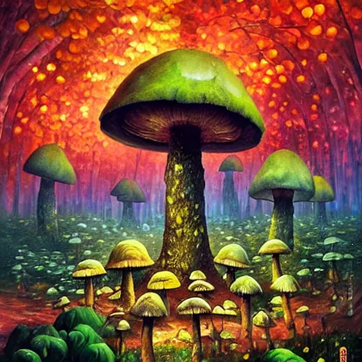 Prompt: mushroom village located deep in a forest, bioluminescent, art by james christensen, rob gonsalves, paul lehr, leonid afremov and tim white