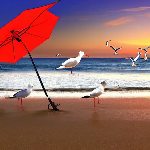 Image similar to seagulls flying over a beach umbrella on the beach at sunrise, concept art, highly detailed, high quality, bright colors,