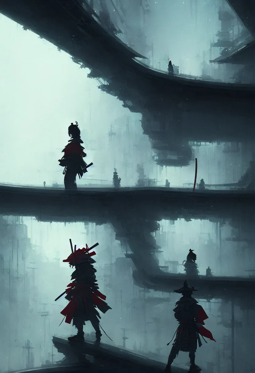 Image similar to samurai on a spaceship eating cup noodles, ultra high definition, ultra detailed, symmetry, fog, matte painting, by greg rutkowski and ross tran and wlop