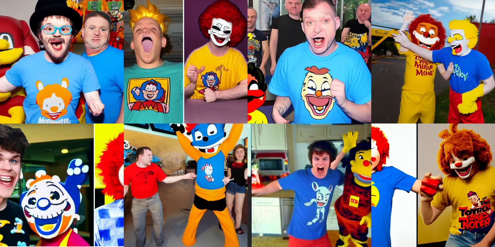 Prompt: Danny the Tourettes Guy, wearing a blue Tony the Tiger T-shirt, fighting Ronald McDonald in a McDonald's