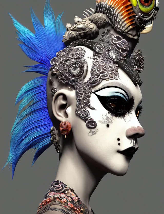 Image similar to 3 d photo realistic goddess close - up profile portrait punk with mohawk with ram skull. beautiful intricately detailed japanese crow kitsune mask and clasical japanese kimono. betta fish, jellyfish phoenix, bio luminescent, plasma, ice, water, wind, creature, artwork by tooth wu and wlop and beeple and greg rutkowski