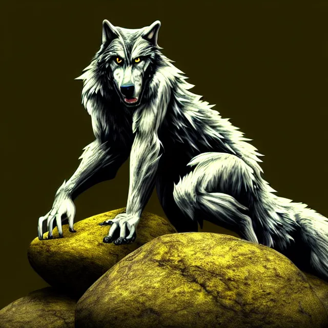 Image similar to A werewolf sitting on a rock, woodland creek, realistic, yellowish full moon