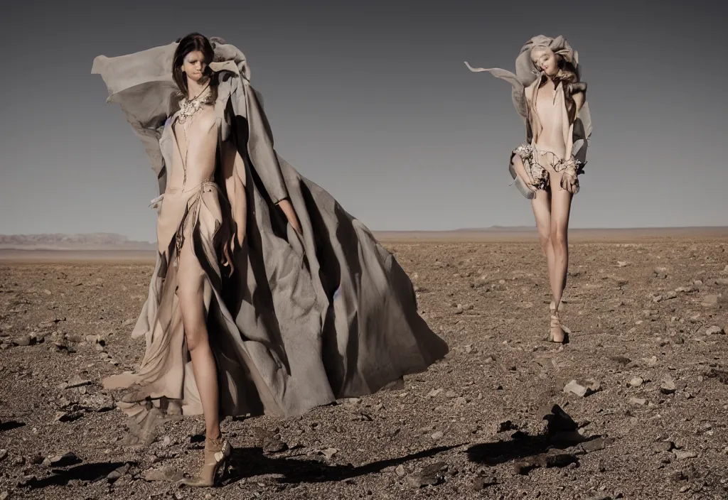 Image similar to fashion editorial in nuclear explosion on Nevada desert. wide angle shot. highly detailed. depth of field. high definition. 8k. photography.