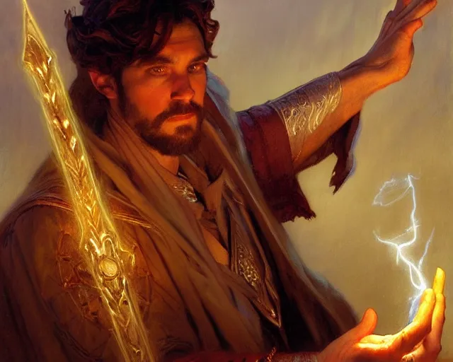 Image similar to attractive wizard man, casting light magic, summoning a handsome deity. highly detailed painting by gaston bussiere, craig mullins, j. c. leyendecker 8 k